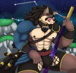  abs absurd_res anthro armor bo_staff bottomwear brown_body brown_fur bulge canid canine canis clothing collar detailed_background detailed_bulge dire_wolf dreadlocks dreadlocks_tail ear_piercing fur hi_res jewelry lace licking licking_lips male mammal multicolored_body multicolored_fur nory_(zieis) piercing shorts solo tongue tongue_out two_tone_body two_tone_fur wolf zieis 