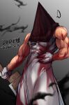  ... 1boy bara blood blood_on_clothes chan_kuro_(azsdi4e) copyright_name covered_abs dead_by_daylight gloves gradient gradient_background helmet highres holding holding_sword holding_weapon large_pectorals male_focus monster muscular muscular_male pectorals pyramid_head silent_hill_(series) silent_hill_2 simple_background solo sword translation_request weapon white_gloves 