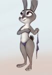  2022 anthro bikini bikini_bottom bikini_top breasts buckteeth clothed clothing disney female fur grey_body grey_fur hand_over_breast hi_res judy_hopps lagomorph leporid looking_up mammal multicolored_body multicolored_fur open_mouth open_smile purple_eyes qupostuv35 rabbit simple_background small_breasts smile solo standing swimwear teeth topless two_tone_body two_tone_fur white_body white_fur zootopia 