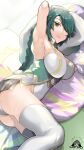  armpits ass bangs braid braided_ponytail breasts circlet fire_emblem fire_emblem_heroes green_hair hair_over_one_eye highres ikura_(downdexp) large_breasts long_hair lying on_side panties solo thighhighs thorr_(fire_emblem) underwear white_panties white_thighhighs yellow_eyes 