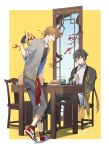  2boys absurdres akabane_yu alternate_costume bangs black_gloves black_hair black_pants blue_eyes branch brown_hair chair chinese_clothes chopsticks closed_mouth crossed_legs cup earrings fingerless_gloves flower food genshin_impact gloves gradient_hair hair_between_eyes highres holding holding_chopsticks holding_cup jewelry long_hair male_focus multicolored_hair multiple_boys open_mouth orange_hair pants ponytail red_flower shoes simple_background single_earring sitting sneakers standing table tartaglia_(genshin_impact) teapot twitter_username zhongli_(genshin_impact) 