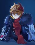  1boy absurdres ahoge aiguillette bangs black_gloves blue_eyes closed_mouth coat earrings fur-trimmed_coat fur_trim genshin_impact gloves gnosis_(genshin_impact) hair_between_eyes hand_up highres hikaru002001 holding jewelry lapels long_sleeves looking_at_viewer male_focus mask mask_on_head open_clothes open_coat orange_hair red_mask red_scarf scarf short_hair single_earring tartaglia_(genshin_impact) upper_body white_coat 