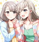  2girls ;d absurdres asymmetrical_bangs bangs blush braid braided_bangs breasts cleavage collarbone earrings finger_to_another&#039;s_cheek fur-trimmed_jacket fur_trim green_tank_top grey_hair highres hisakawa_hayate hisakawa_nagi idolmaster idolmaster_cinderella_girls jacket jewelry looking_at_another multiple_girls one_eye_closed patterned_background popon_ta siblings sisters smile straight_hair tank_top twins twintails yellow_tank_top 