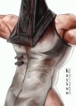  1boy artist_name bara biceps character_name dated dead_by_daylight flexing helmet highres kaysuoae large_pectorals male_focus muscular muscular_male pectorals pose pyramid_head silent_hill_(series) silent_hill_2 simple_background solo white_background 