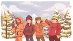  4boys beanie black_hair blonde_hair blue_headwear brown_hair cloud eric_cartman fur_collar gloves green_headwear hair_between_eyes hand_in_pocket hand_on_another&#039;s_shoulder hands_in_pockets hat highres hood hoodie jacket kenny_mccormick kyle_broflovski male_child male_focus mittens mountain multiple_boys orange_jacket pocket poking red_hair ron-nie sky snow south_park stan_marsh tree waving 