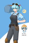  1girl absurdres belt blue_hair commentary_request cosplay cowboy_shot goggles grin hand_on_hip hardhat helmet highres kawashiro_nitori knee_pads smile team_fortress_2 the_engineer the_engineer_(cosplay) toolbox touhou two_side_up yellow_headwear 