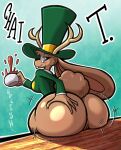  anthro antlers beverage big_butt bottomless brown_body brown_fur butt chai_t._(sachasketchy) clothed clothing container cotton_tail cup english_text eyewear female fur genitals hand_on_butt hat headgear headwear hi_res horn jackalope lagomorph long_ears looking_at_viewer looking_back mammal monocle partially_clothed pussy sachasketchy shirt sitting smile solo tea tea_cup text topwear 