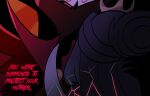  anthro avian bird black_background cracks crown death disappointed duo female hair helluva_boss hi_res long_hair looking_down male owl owl_demon paimon_(helluva_boss) red_text simple_background teathekook text 
