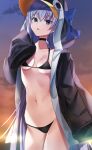  1girl animal_hood bangs bare_shoulders bikini black_bikini black_jacket blue_bow blue_eyes blush bow breasts choker collarbone fate/grand_order fate_(series) gakuon_(gakuto) gradient_sky highres hood hood_up jacket long_hair long_sleeves looking_at_viewer meltryllis_(fate) meltryllis_(swimsuit_lancer)_(fate) navel open_clothes open_jacket open_mouth orange_sky penguin_hood purple_hair purple_sky sky sleeves_past_fingers sleeves_past_wrists small_breasts solo swimsuit thighs twilight very_long_hair 