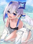  1girl amane_kanata angel_wings bangs bikini blue_hair blunt_bangs collarbone colored_inner_hair flat_chest grey_hair highres hololive hood hoodie jacket jacket_partially_removed multicolored_hair partially_submerged purple_eyes shirokuma_pino sitting solo swimsuit virtual_youtuber water wings 