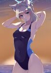  1girl absurdres animal_ears armpits arms_behind_head backlighting bangs blue_archive blue_eyes breasts cleavage collarbone commentary_request competition_swimsuit eyes_visible_through_hair grey_hair hair_between_eyes hair_tie halo highleg highleg_swimsuit highres horizon inuinuo_gataken looking_at_viewer mismatched_pupils mouth_hold ocean official_alternate_costume one-piece_swimsuit school_swimsuit shiroko_(blue_archive) shiroko_(swimsuit)_(blue_archive) short_hair sidelocks sleeveless solo swimsuit twilight wet wet_clothes wet_swimsuit wolf_ears wolf_girl 