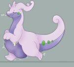  &lt;3 abdominal_bulge ambiguous_gender ambiguous_pred ambiguous_prey anthro belly digestion eyes_closed feral goo_creature goodra hi_res makar-ro nintendo oral_vore pok&eacute;mon pok&eacute;mon_(species) rumbling_stomach running simple_background smile soft_vore solo video_games vore walking 