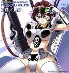  1girl adjusting_clothes adjusting_headwear armor artist_name birthday blush breasts brown_eyes brown_hair character_name choujikuu_yousai_macross commentary dated english_text gun gunpod happy_birthday holding holding_gun holding_weapon isumi_michiru jilpoong17 large_breasts macross mecha_musume midriff muvluv navel one_eye_closed panties roy_focker skull_and_crossbones solo thighhighs underwear vf-1s visor weapon white_panties 