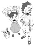  1boy 1girl arms_up brother_and_sister child child_drawing dede_(qwea_00000) dress galarian_zigzagoon gloves greyscale gym_challenge_uniform marnie_(pokemon) monochrome morpeko piers_(pokemon) pokemon pokemon_(creature) pokemon_(game) pokemon_swsh siblings simple_background single_glove sleeveless sleeveless_dress smile standing teeth twintails younger 