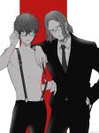  2boys amamiya_ren bangs beard closed_mouth facial_hair glasses greyscale hair_between_eyes hasegawa_zenkichi highres jacket male_focus monochrome multiple_boys necktie pants parted_lips persona persona_5 persona_5_scramble:_the_phantom_strikers simple_background sonomi suspenders suspenders_pull twitter_username two-tone_background 