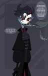  anthro avian bird dark_clothing duo goth helluva_boss hi_res invalid_tag looking_down male moody owl owl_demon red_eyes simple_background speech_bubble standing stolas_(helluva_boss) teathekook text untidy white_text 