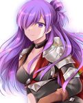  1girl armor armored_dress asymmetrical_clothes bangs black_choker black_dress breasts brown_gloves choker cleavage closed_mouth commentary_request dress fire_emblem fire_emblem:_three_houses fire_emblem_warriors:_three_hopes floating_hair gloves hair_bun hair_over_one_eye kirishima_riona long_hair medium_breasts one_eye_covered purple_eyes purple_hair shez_(fire_emblem) shez_(fire_emblem)_(female) shoulder_armor single_glove single_hair_bun smile solo upper_body white_background 