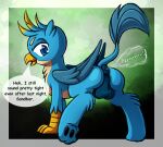  2018 absurd_res anus avian balls beak blue_anus blue_balls blue_body blue_feathers blue_fur digital_media_(artwork) english_text fart fart_cloud fart_fetish feathers friendship_is_magic fur gallus_(mlp) genitals gryphon hasbro hi_res implied_anal_penetration implied_gay male my_little_pony mythological_avian mythology paws puffy_anus raised_tail solo tail_tuft tan_body tan_fur text tuft wings xexus 