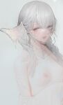  1girl au_ra avatar_(ff14) bangs bare_shoulders braid breasts clothes_down collarbone commentary dragon_horns final_fantasy final_fantasy_xiv grey_background grey_eyes grey_hair highres horns iridescent kaede_(sayappa) looking_to_the_side medium_hair parted_lips scales side_braids sideways_glance simple_background small_breasts smile solo twin_braids upper_body 