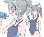  1girl absurdres animal_ear_fluff animal_ears arm_at_side bangs bare_shoulders blue_archive blue_eyes bottle breasts cat_ears closed_mouth competition_swimsuit covered_navel cross_hair_ornament earrings extra_ears grey_hair hair_ornament highres holding holding_bottle jewelry looking_at_viewer lyrinne medium_hair multiple_views notice_lines one-piece_swimsuit open_mouth ponytail saliva saliva_trail shiroko_(blue_archive) shiroko_(swimsuit)_(blue_archive) sidelocks small_breasts stud_earrings swimsuit water_bottle 