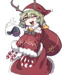  1girl ;d alternate_costume antlers bangs bare_shoulders bell candy candy_cane detached_sleeves dress food fur-trimmed_dress fur-trimmed_sleeves fur_collar fur_trim furrowed_brow green_eyes green_hair hair_between_eyes hat heart heart_of_string highres jingle_bell komeiji_koishi leaf nyong_nyong one_eye_closed red_dress red_headwear red_sleeves santa_hat sharp_teeth short_hair simple_background sleeves_past_fingers sleeves_past_wrists smile solo teeth third_eye touhou white_background wide_sleeves 