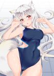  1girl absurdres animal_ears ass_visible_through_thighs blush breasts cameltoe cat_ears cat_girl cat_tail catstudioinc_(punepuni) covered_navel highres long_hair lying on_back one-piece_swimsuit open_mouth original red_eyes solo swimsuit tail wet white_hair 