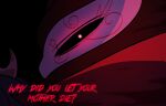  anthro avian bird black_background black_eyes disappointed helluva_boss hi_res looking_at_viewer looking_back male owl owl_demon paimon_(helluva_boss) red_text simple_background solo teathekook text 