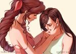  2girls aerith_gainsborough bangs bare_arms black_hair braid braided_ponytail breasts brown_hair choker closed_eyes comforting crying dress earrings final_fantasy final_fantasy_vii final_fantasy_vii_remake flower_choker hair_behind_ear hair_ribbon hand_on_another&#039;s_neck hand_to_own_mouth jewelry large_breasts long_hair looking_at_another medium_breasts multiple_girls pink_dress pink_ribbon ribbon shirt sidelocks strap_slip tears thar_chandran tifa_lockhart upper_body wavy_hair white_shirt 