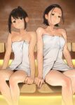  2girls blush breasts brown_eyes brown_hair cleavage douki-chan_(douki-chan) fingernails ganbare_douki-chan hair_bun highres medium_breasts multiple_girls nail_polish naked_towel parted_lips pink_nails sauna senpai-san_(douki-chan) short_hair sitting sweat towel wet yomu_(sgt_epper) 