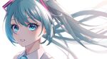  1girl bangs blue_eyes blue_hair collared_shirt commentary_request floating_hair hair_between_eyes hatsune_miku long_hair looking_at_viewer neon_trim peta_(snc7) portrait shirt simple_background sleeveless sleeveless_shirt smile solo twintails vocaloid white_background white_shirt 