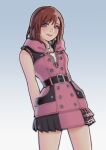  1girl arms_behind_back bare_arms belt black_dress blue_eyes blush breasts buttons cowboy_shot dress grey_background hair_between_eyes highres hood hood_down hooded_dress jewelry kairi_(kingdom_hearts) kingdom_hearts kingdom_hearts_iii looking_at_viewer medium_breasts medium_hair necklace noire pink_dress plaid pleated_skirt red_hair short_dress skirt smile solo two-tone_dress upper_body 
