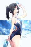  1girl arm_up ass black_hair blue_background blue_eyes breasts closed_mouth commentary_request competition_swimsuit dated feathers hibike!_euphonium highres holding holding_feather kasaki_nozomi liz_to_aoi_tori looking_at_viewer nii_manabu one-piece_swimsuit ponytail short_hair signature small_breasts smile solo standing swimsuit thighs two-tone_background 