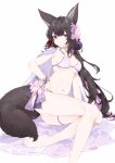  1girl absurdres animal_ears armpits ass bare_legs barefoot bikini black_hair blue_archive breasts cape flower fox_ears fox_girl fox_tail hair_flower hair_ornament halterneck highres kirschma large_breasts large_tail long_hair looking_at_viewer navel parted_lips pink_flower simple_background solo stomach strap_gap string_bikini swimsuit tail thigh_strap thighs very_long_hair wakamo_(blue_archive) wakamo_(swimsuit)_(blue_archive) white_background white_bikini 
