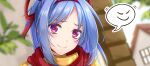  1girl 20nigu bangs blue_hair blush closed_mouth commentary_request hair_ribbon looking_at_viewer paid_reward_available portrait purple_eyes ragnarok_online red_ribbon red_scarf ribbon rune_knight_(ragnarok_online) scarf smile solo 