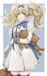  1girl blonde_hair blue_eyes blue_hairband blush border breasts cowboy_shot dress gambier_bay_(kancolle) hair_between_eyes hairband highres kantai_collection large_breasts long_hair long_sleeves official_alternate_costume open_mouth solo stuffed_animal stuffed_toy teddy_bear toriniku_senshi_chikinman twintails white_border white_dress 