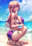  1girl ass bangs bare_arms barefoot beach bikini bikini_pull blue_sky blurry blurry_background blush breasts clothes_pull cloud cloudy_sky commentary_request dark-skinned_female dark_skin from_behind full_body grin hair_between_eyes hanikami_kanojo head_tilt heel_up highres kurumi_shinoha large_breasts long_hair looking_at_viewer looking_back mole mole_under_mouth ocean orange_hair parted_lips piromizu purple_eyes raised_eyebrows sand shiny shiny_clothes side-tie_bikini sideboob sky smile solo squatting string_bikini sunlight swimsuit tan tanlines tiptoes wet 