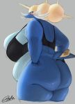  anthro belly big_belly big_breasts big_butt black_bra black_clothing black_underwear blush bodily_fluids bra breasts butt clothed clothing curvy_figure embarrassed female hand_on_butt hi_res huge_breasts huge_butt mostly_nude nintendo obese oruka0827 overweight partially_clothed pok&eacute;mon pok&eacute;mon_(species) red_eyes samurott side_view simple_background solo sweat thick_thighs tight_clothing underwear video_games voluptuous wide_hips 