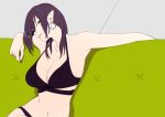  1girl bangs bare_shoulders bikini black_bikini black_hair breasts cleavage couch earrings half-closed_eyes halter_top halterneck hoop_earrings jewelry large_breasts lino_(sohin) long_hair looking_at_viewer navel original pointy_ears purple_eyes sitting sohin solo swimsuit tongue tongue_out upper_body 