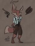 1910s amaranthruh anthro canid canine clothed clothing fox fully_clothed gangster gun hat headgear headwear male mammal model_sheet monochrome necktie ranged_weapon solo solo_focus suspenders weapon yellow_eyes 