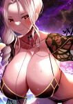  1girl absurdres bikini black_bikini blush breasts carmilla_(fate) carmilla_(swimsuit_rider)_(fate) carmilla_(swimsuit_rider)_(third_ascension)_(fate) commentary_request fate/grand_order fate_(series) grey_hair hanging_breasts highres huge_breasts leaning_forward lee-taro long_hair looking_at_viewer night night_sky ponytail red_eyes see-through see-through_sleeves sky smile solo swimsuit 