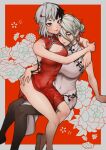  2girls absurdres asagiri_gen black_hair black_thighhighs breasts china_dress chinese_clothes covered_navel dcon_34 dr._stone dress genderswap genderswap_(mtf) grey_eyes grey_hair hair_ornament hairclip hands_on_ass highres hug ishigami_senkuu large_breasts medium_breasts medium_hair multicolored_hair multiple_girls no_panties pantyhose red_dress red_eyes sitting sitting_on_person streaked_hair thighhighs white_dress white_hair yuri 