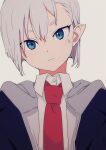  1girl bangs black_jacket blue_eyes closed_mouth collared_shirt grey_background grey_hair jacket looking_at_viewer mee_(sohin) necktie original pointy_ears red_necktie shirt short_hair simple_background sohin solo teardrop_facial_mark thick_eyebrows upper_body white_shirt 