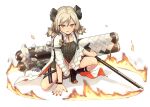  1girl anklet arknights black_dress black_footwear blonde_hair demon_girl demon_horns demon_tail dress flamethrower holding holding_weapon horns ifrit_(arknights) infection_monitor_(arknights) jacket jewelry kamihine looking_at_viewer nail_polish one_knee orange_eyes orange_nails ring_of_fire sandals short_hair short_twintails simple_background slit_pupils solo tail toeless_footwear toenail_polish toenails twintails weapon white_background white_jacket 