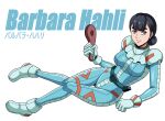  1girl bangs barbara_hahari black_hair blue_eyes breasts character_name commentary english_text full_body gundam gundam_battle_operation_code_fairy hair_bun highres holding looking_at_viewer medium_breasts pilot_suit serious spit_(takethestrain) white_background 