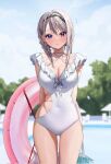  1girl ass_visible_through_thighs bare_arms blue_eyes blurry blurry_background blush braid breasts chigusa_minori choker cleavage closed_mouth commentary_request covered_navel cowboy_shot grey_hair hair_ornament highres innertube large_breasts long_hair looking_at_viewer one-piece_swimsuit original outdoors saotome_shino_(chigusa_minori) skindentation solo swimsuit thighs white_choker white_swimsuit 