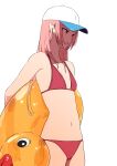  1girl arms_behind_back bangs bare_shoulders baseball_cap bikini blunt_bangs breasts cei_(sohin) cleavage cowboy_shot duck_innertube flat_chest hat holding holding_innertube innertube long_hair navel open_mouth original pink_hair pointy_ears red_bikini red_eyes shaded_face sidelocks simple_background sohin solo swimsuit white_background white_headwear 