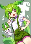  1girl 1other animal_ears breasts brown_eyes green_hair hand_up kamaboko_red looking_at_viewer open_mouth pea_pod personification ponytail puffy_short_sleeves puffy_sleeves shirt short_sleeves shorts suspender_shorts suspenders v voicevox white_shirt zundamon 