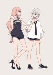  2girls arm_at_side black_necktie black_shorts blue_eyes candy cei_(sohin) food full_body grey_background grey_hair hand_on_hip heel_up high_heels high_tops lollipop long_hair long_sleeves looking_at_another mee_(sohin) mouth_hold multiple_girls necktie open_mouth original pink_hair pointy_ears shirt shoes short_hair shorts simple_background sneakers socks sohin standing white_shirt wristband 