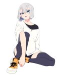  1girl bangs black_shorts black_thighhighs blue_eyes full_body grey_hair high_tops knee_up looking_at_viewer mee_(sohin) open_mouth original shirt shoes short_hair shorts simple_background slit_pupils sneakers sohin solo thighhighs white_background white_shirt yellow_footwear 