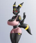  anthro anthrofied bottomwear breasts cleavage clothed clothing eeveelution female gesture hi_res nintendo pok&eacute;mon pok&eacute;mon_(species) red_sclera shirt shorts solo tank_top topwear umbreon v_sign video_games zachc 